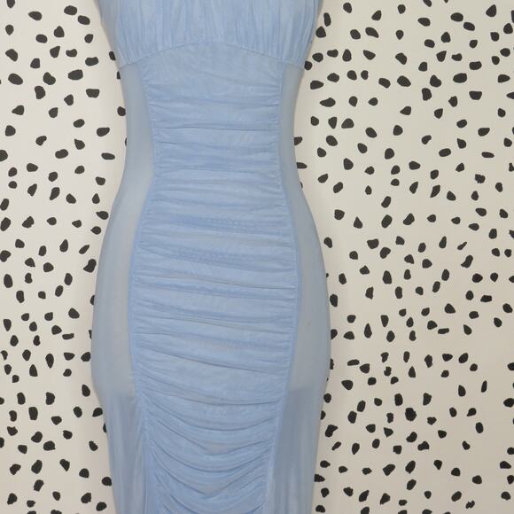 Beginning Boutique Blue Andrea Ruched Mesh Bodycon Midi Dress - Picture 5 of 11